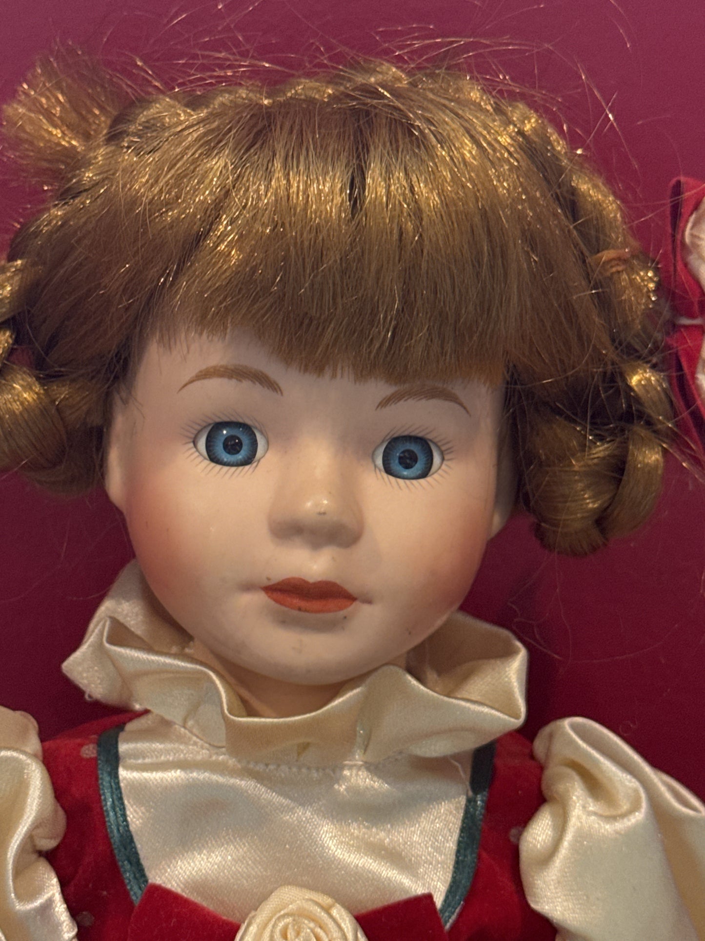 Porcelain Collectible Doll Victorian Holiday Christmas Theme White/Red Dress Blonde Hair 16"