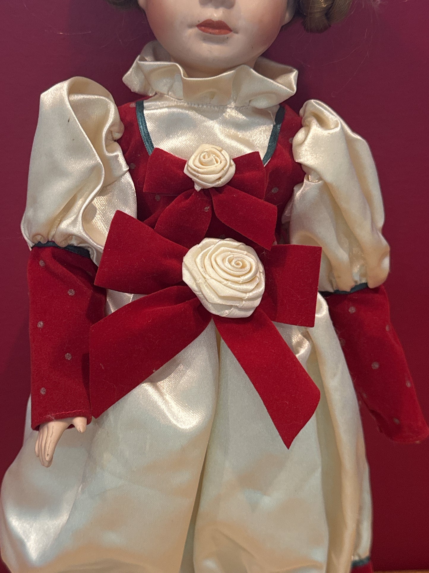 Porcelain Collectible Doll Victorian Holiday Christmas Theme White/Red Dress Blonde Hair 16"
