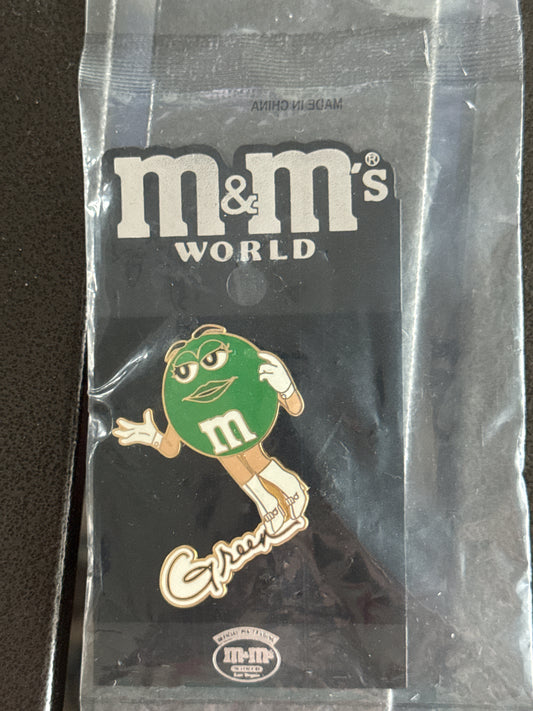 Green M&M World Lapel Pin New in Plastic. Very Rare