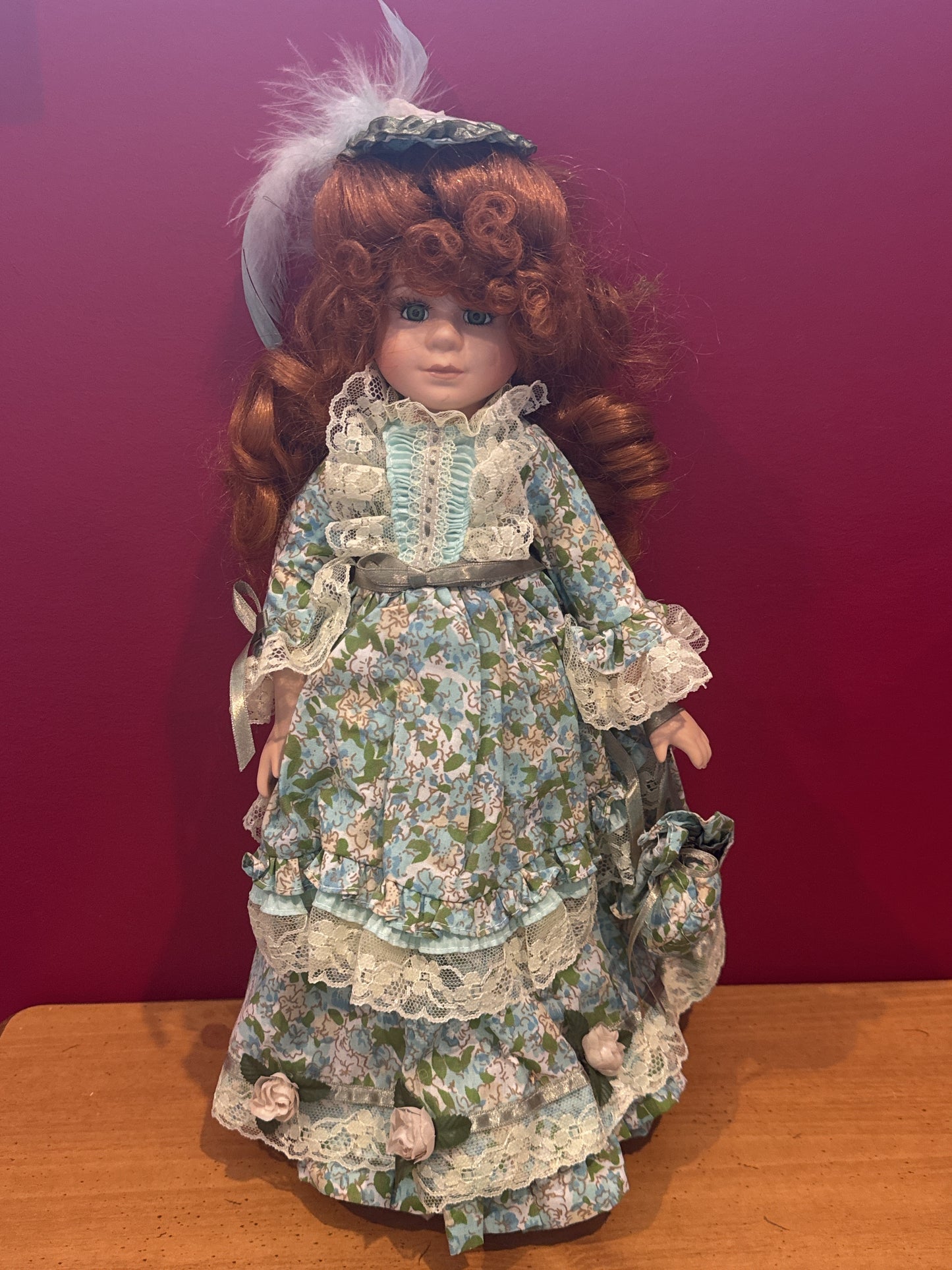 Porcelain Collectible Doll Victorian Style Red Curly Hair Green Eyes Blue Floral Dress 17' Tall