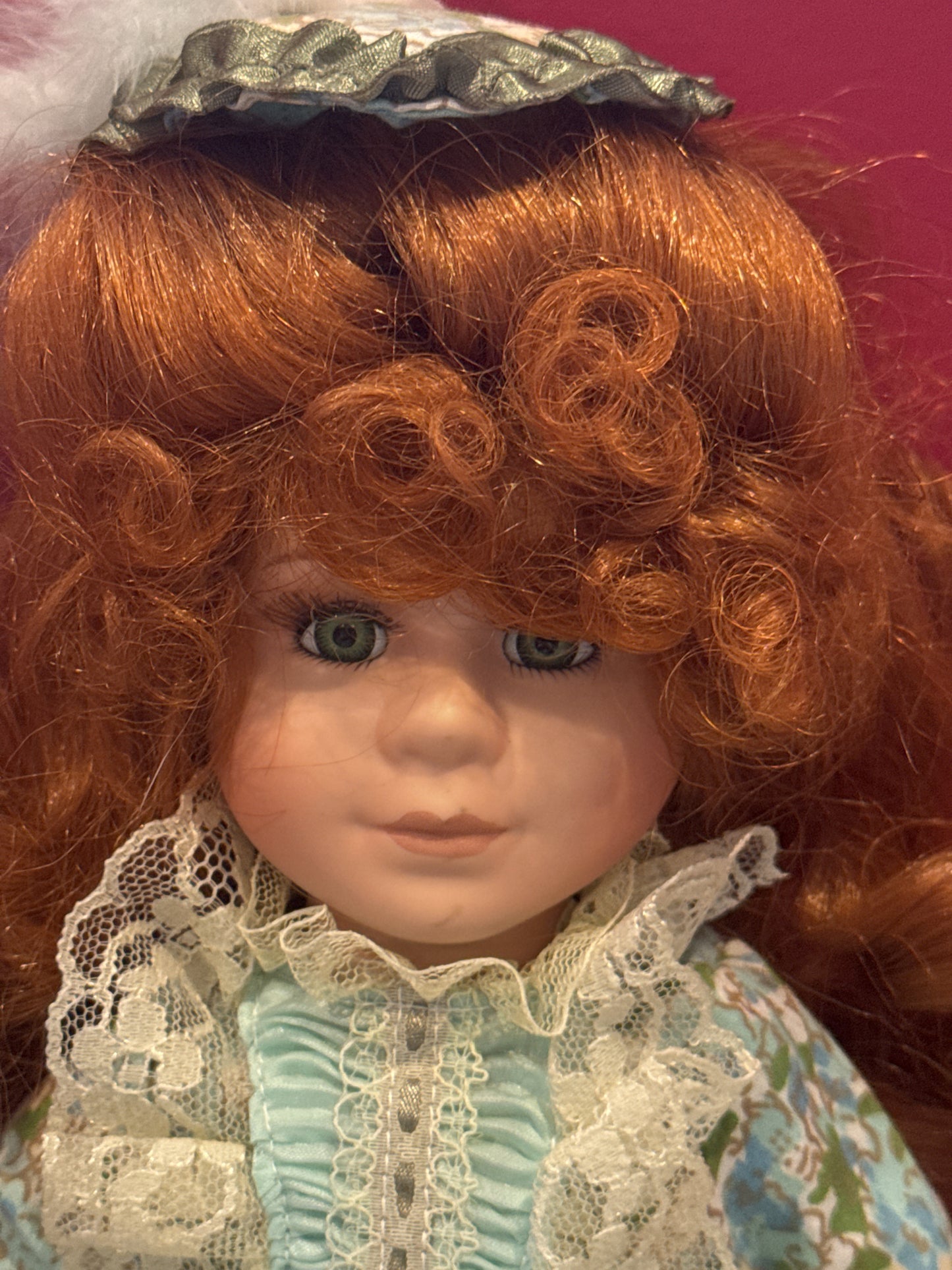 Porcelain Collectible Doll Victorian Style Red Curly Hair Green Eyes Blue Floral Dress 17' Tall