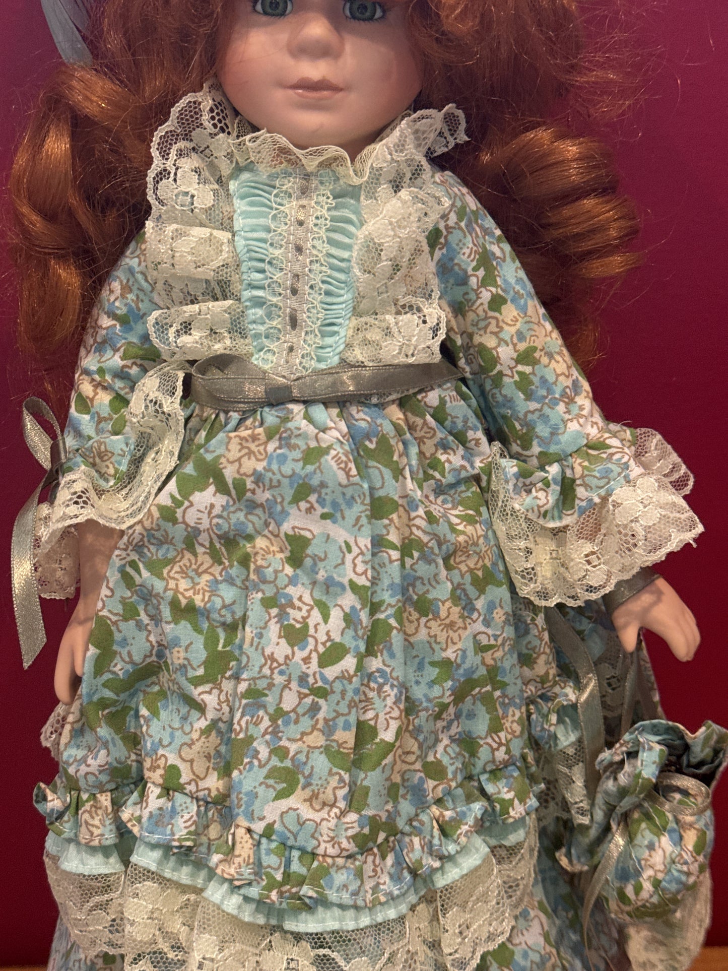 Porcelain Collectible Doll Victorian Style Red Curly Hair Green Eyes Blue Floral Dress 17' Tall