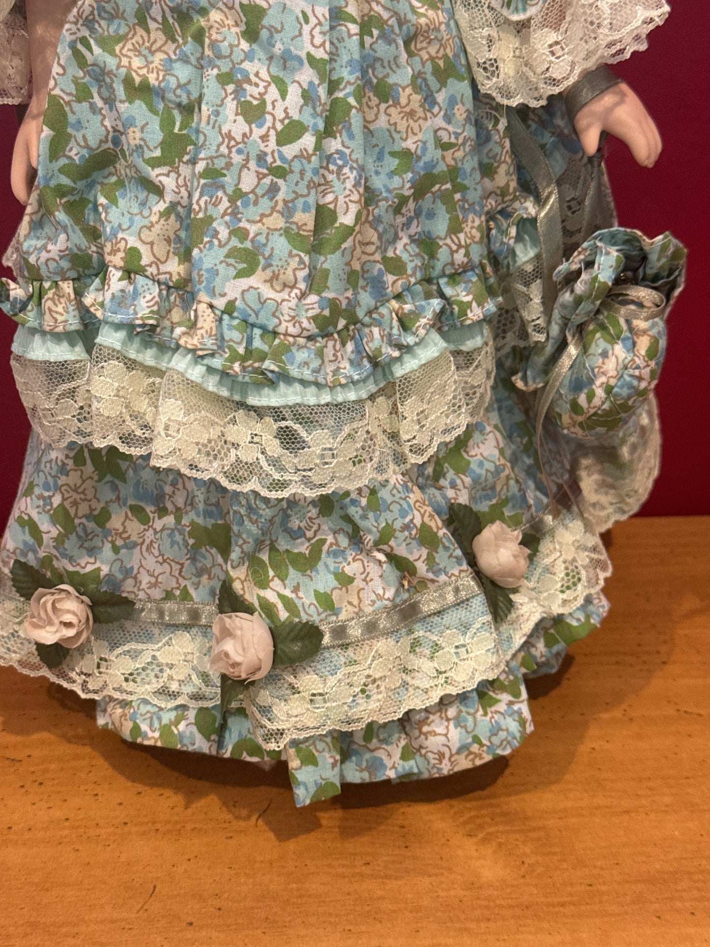 Porcelain Collectible Doll Victorian Style Red Curly Hair Green Eyes Blue Floral Dress 17' Tall