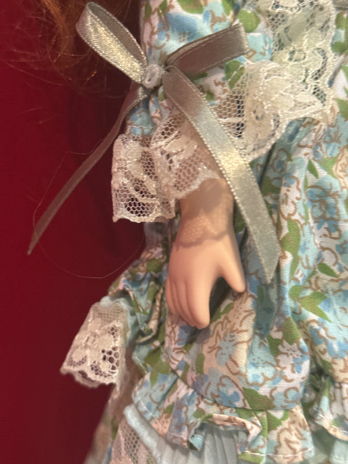 Porcelain Collectible Doll Victorian Style Red Curly Hair Green Eyes Blue Floral Dress 17' Tall