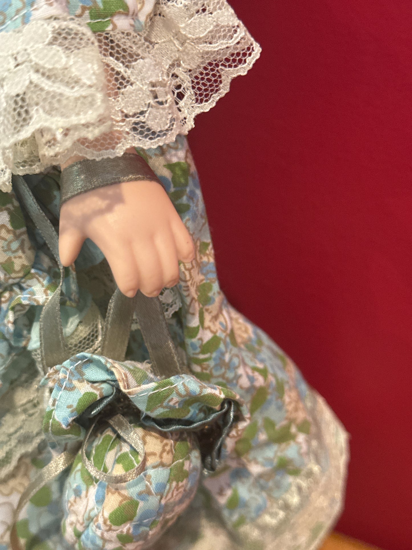 Porcelain Collectible Doll Victorian Style Red Curly Hair Green Eyes Blue Floral Dress 17' Tall