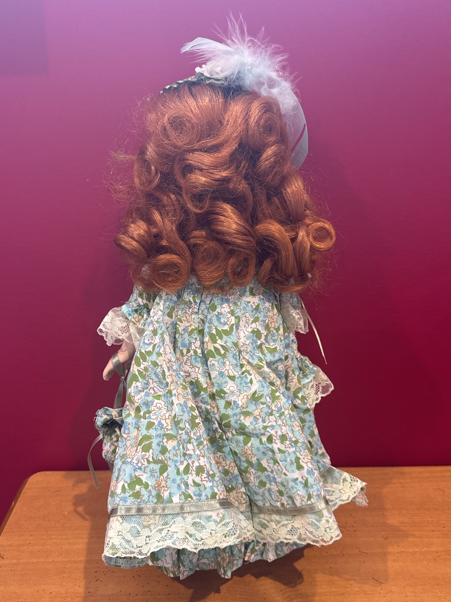 Porcelain Collectible Doll Victorian Style Red Curly Hair Green Eyes Blue Floral Dress 17' Tall