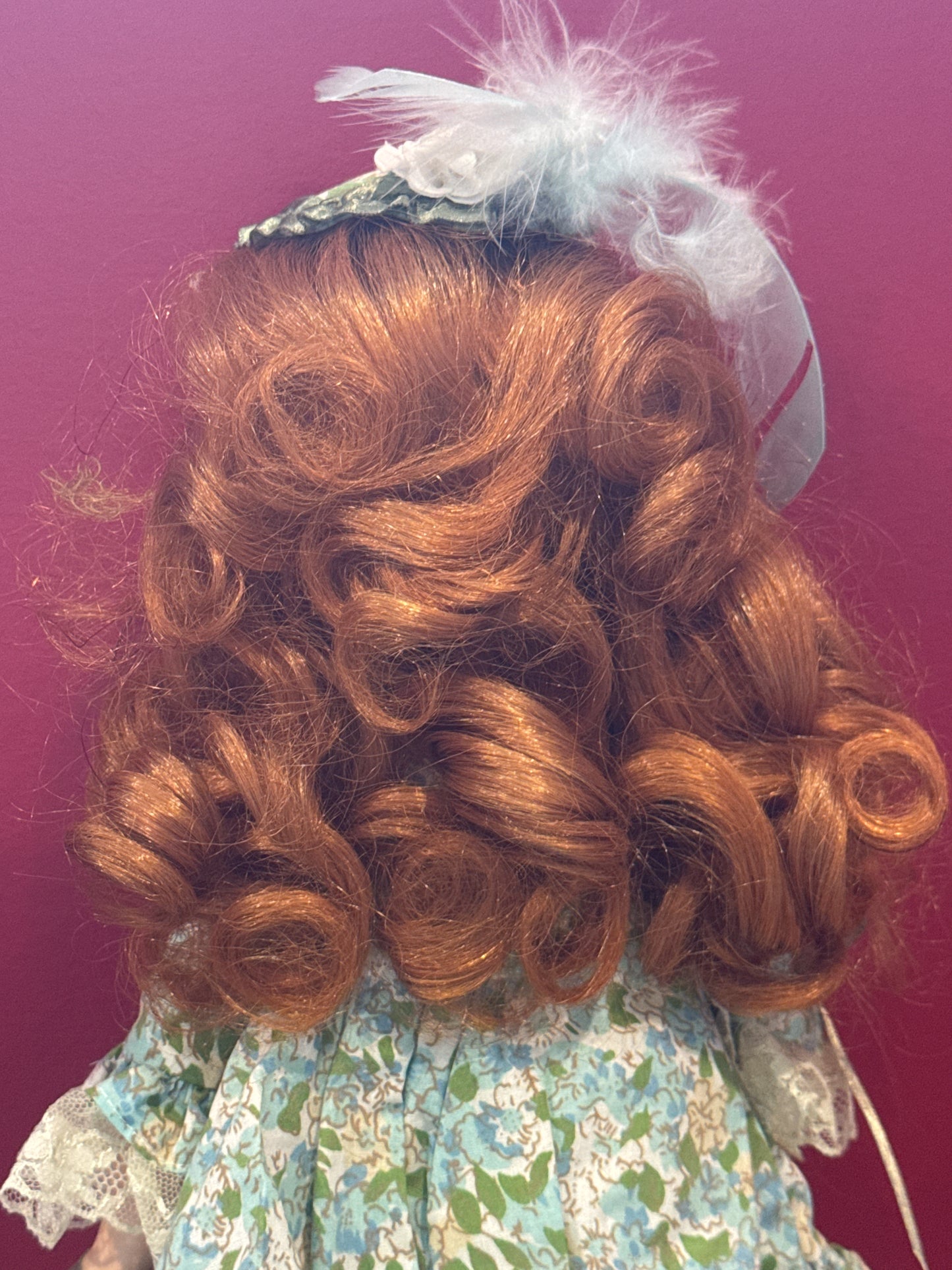 Porcelain Collectible Doll Victorian Style Red Curly Hair Green Eyes Blue Floral Dress 17' Tall