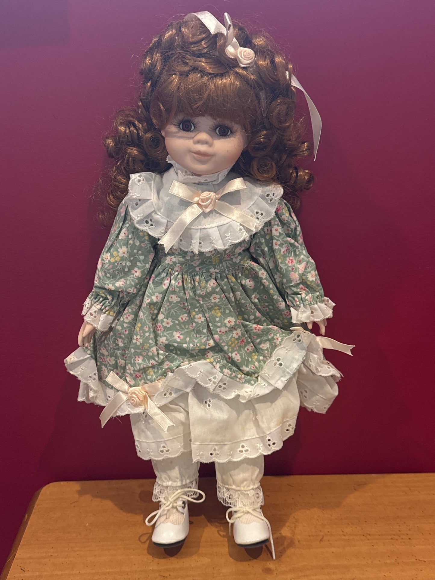 Porcelain Collectible Doll Green Floral Dress 17" Tall Curly Brown Hair