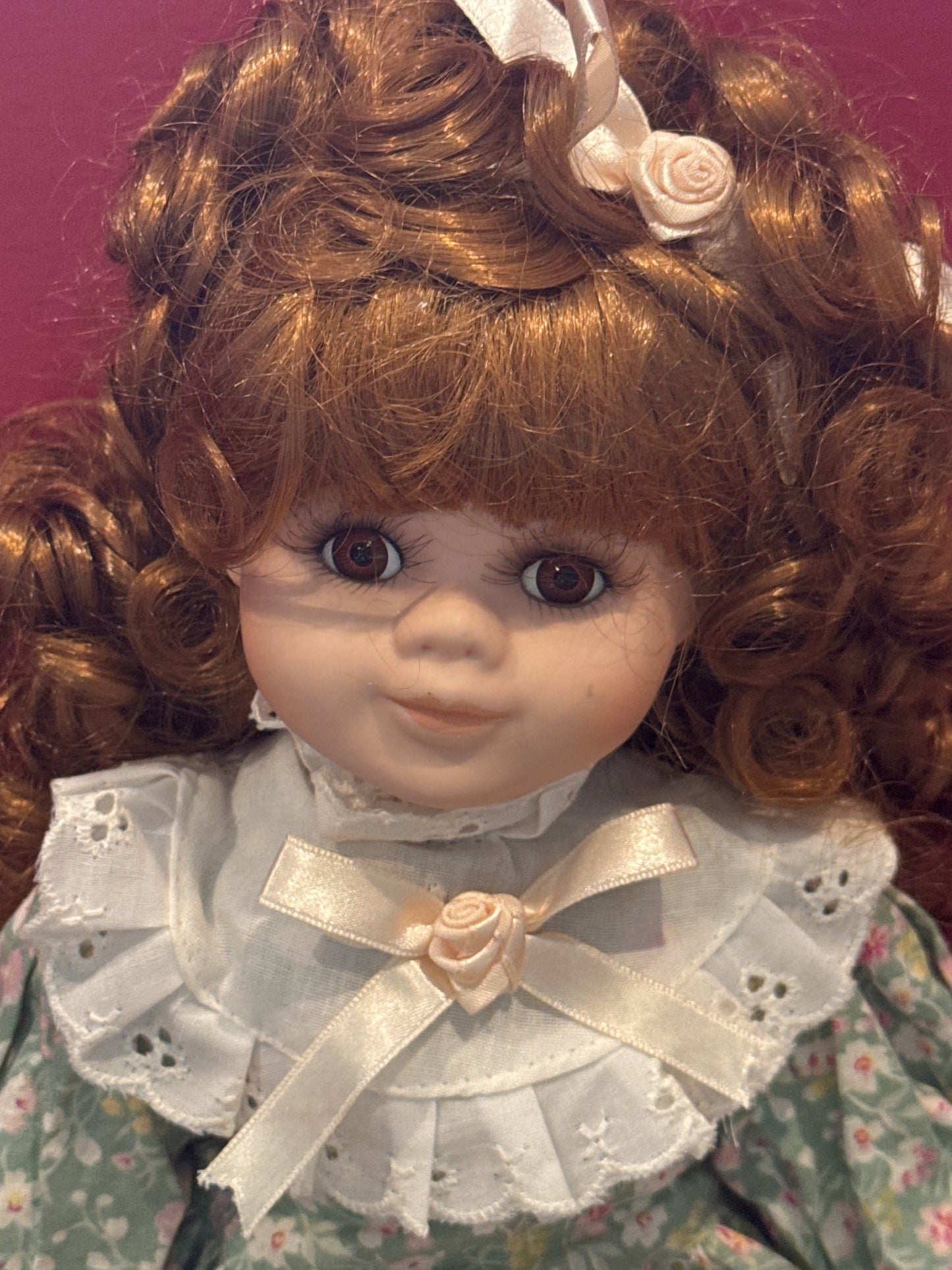 Porcelain Collectible Doll Green Floral Dress 17" Tall Curly Brown Hair