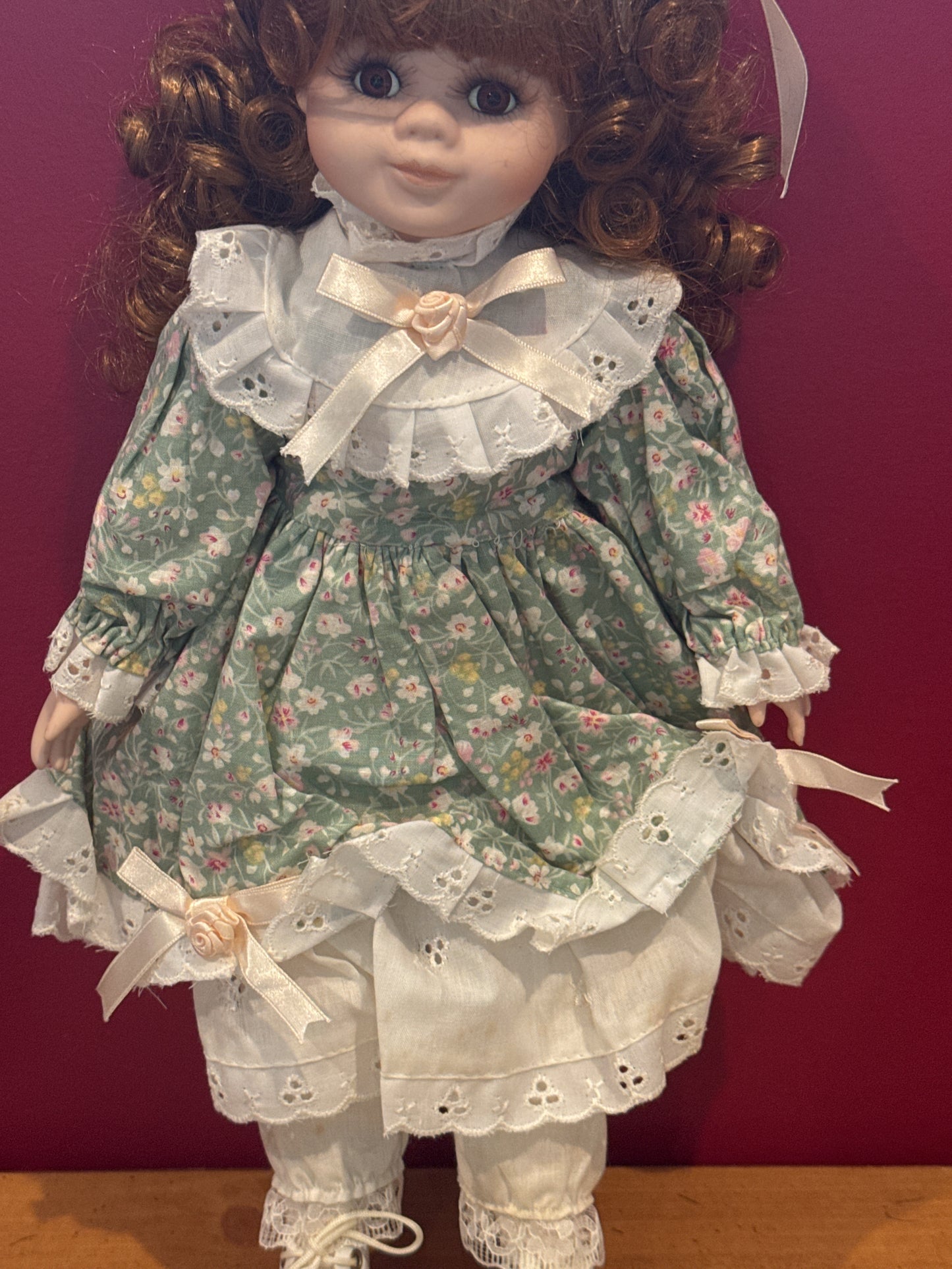 Porcelain Collectible Doll Green Floral Dress 17" Tall Curly Brown Hair