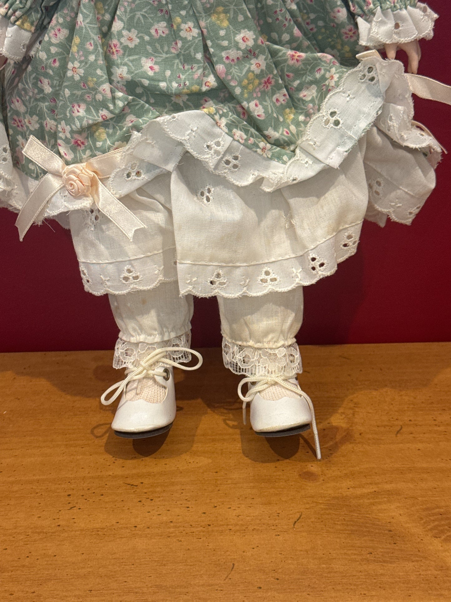 Porcelain Collectible Doll Green Floral Dress 17" Tall Curly Brown Hair