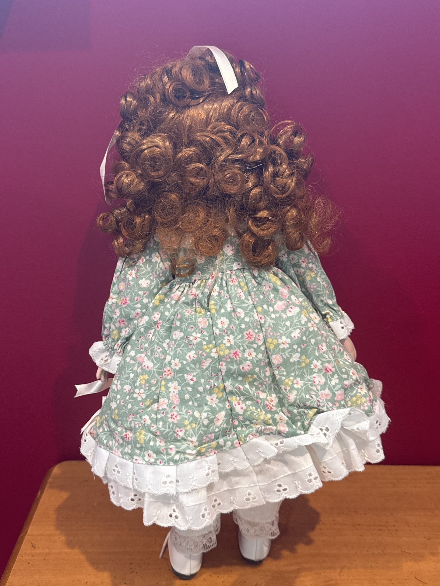 Porcelain Collectible Doll Green Floral Dress 17" Tall Curly Brown Hair