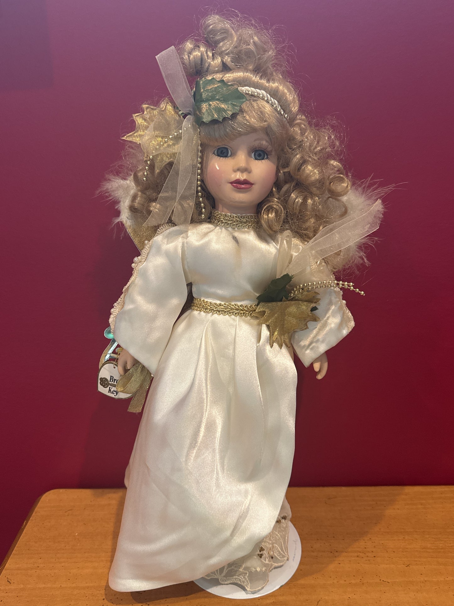 Brass Key Angel Porcelain Collectible Doll w/ Wings Blonde Hair White Dress & Harp 17" Tall