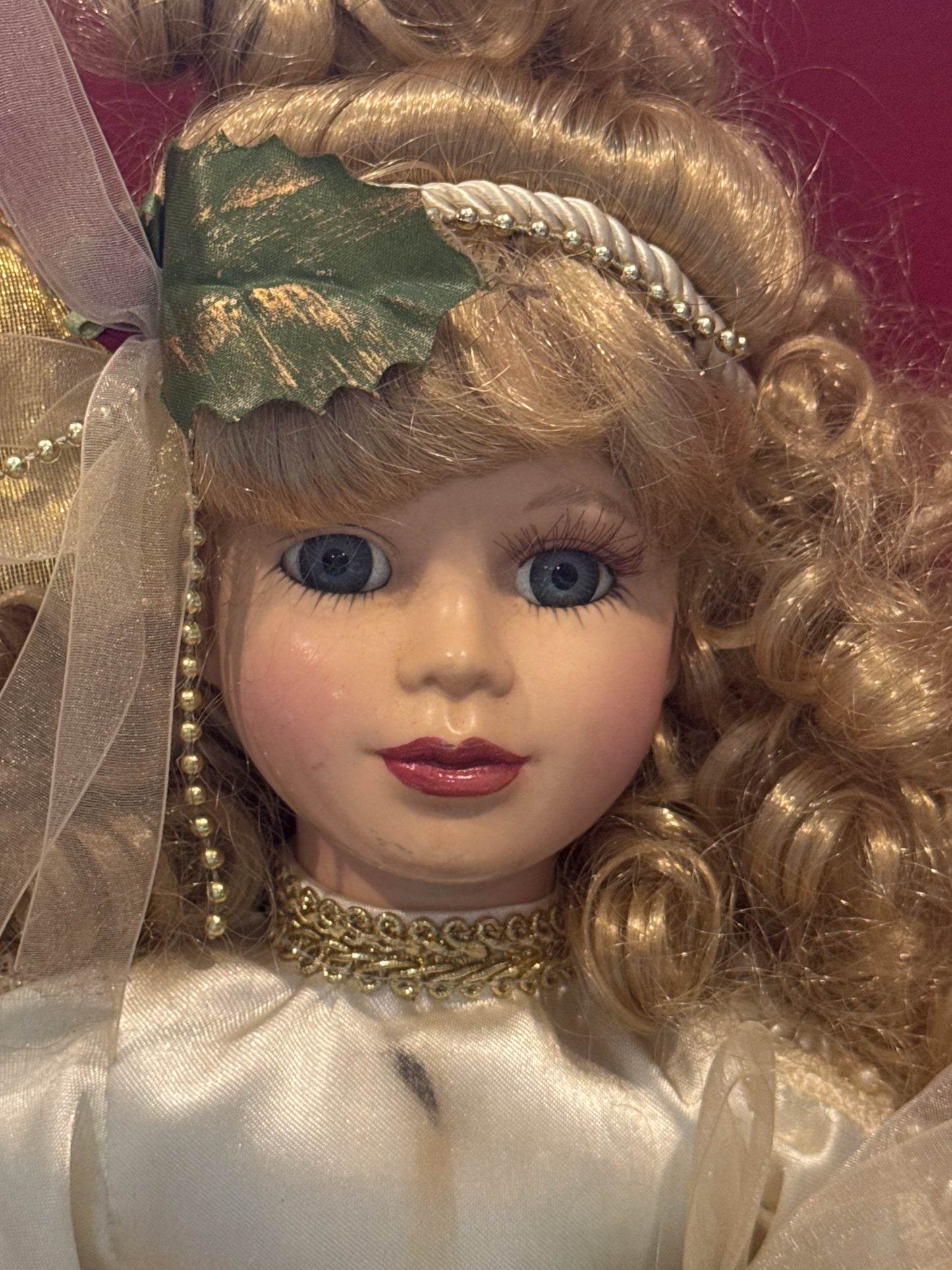 Brass Key Angel Porcelain Collectible Doll w/ Wings Blonde Hair White Dress & Harp 17" Tall