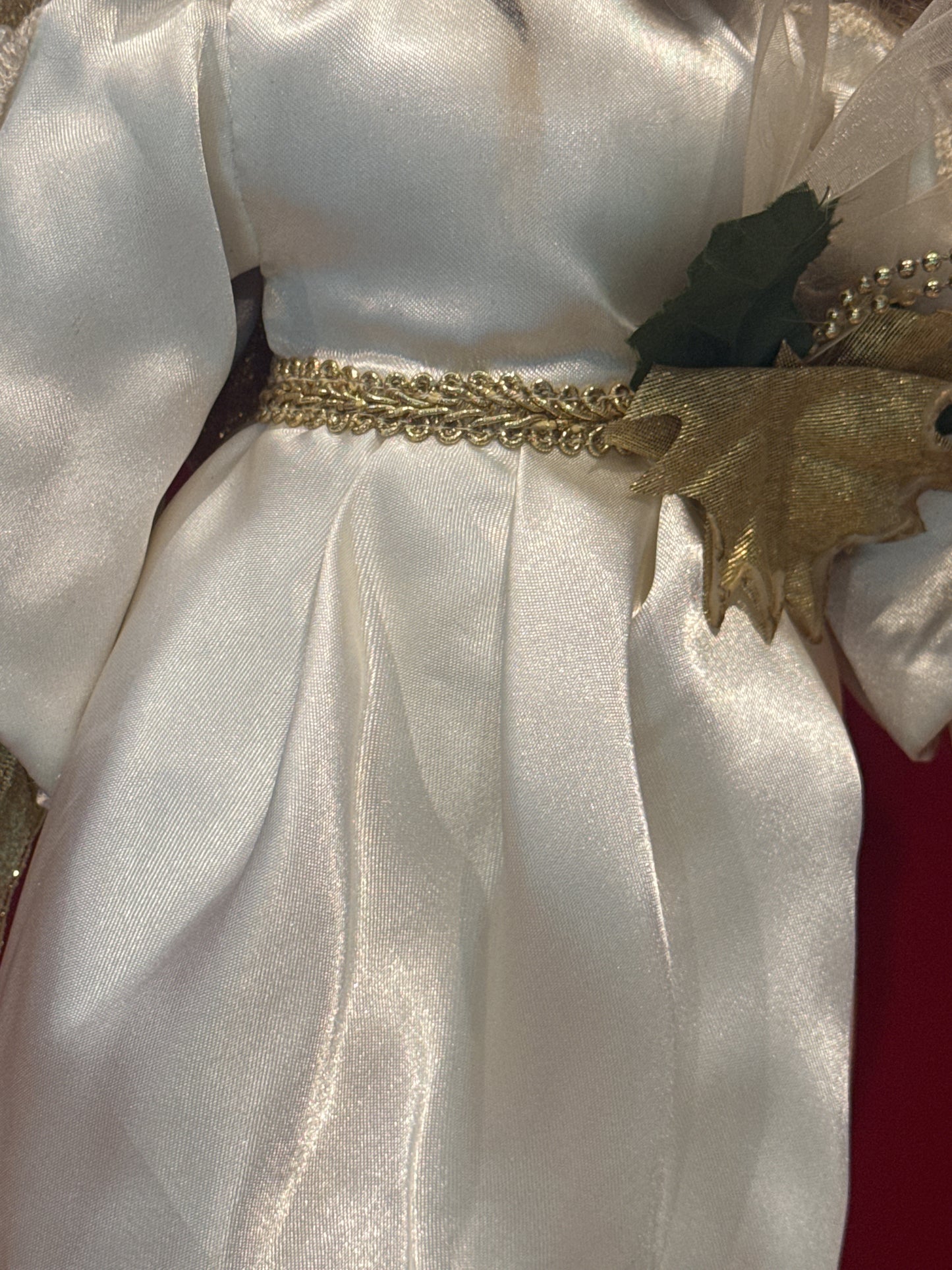 Brass Key Angel Porcelain Collectible Doll w/ Wings Blonde Hair White Dress & Harp 17" Tall