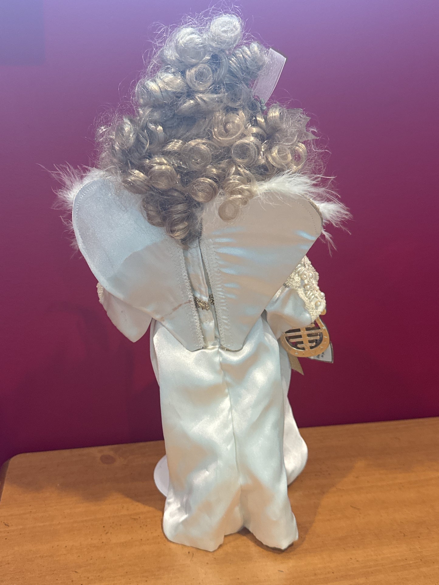 Brass Key Angel Porcelain Collectible Doll w/ Wings Blonde Hair White Dress & Harp 17" Tall