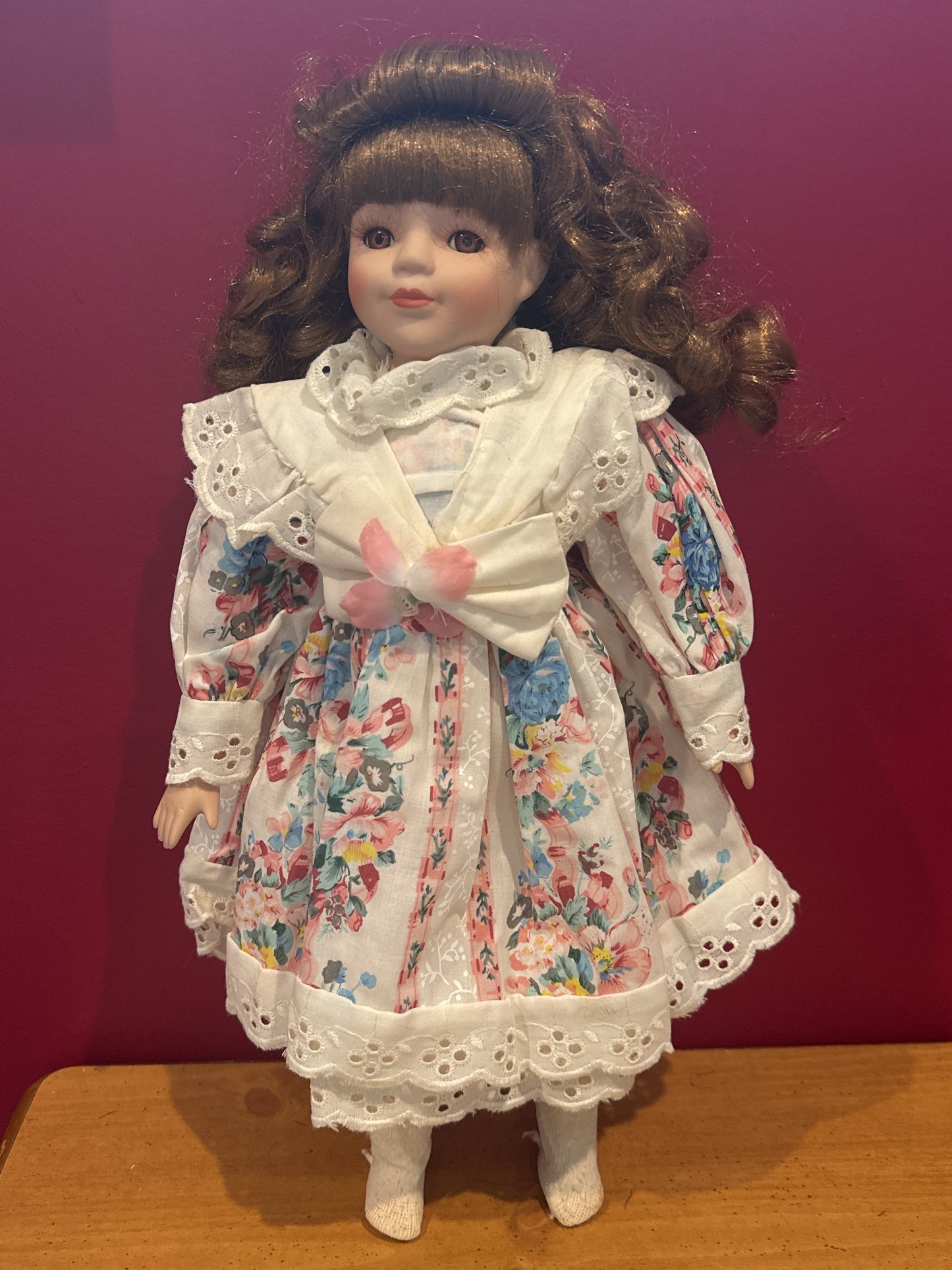 Porcelain Collectible Doll 1990s Brown Curly Hair Floral Print Dress 17" Tall