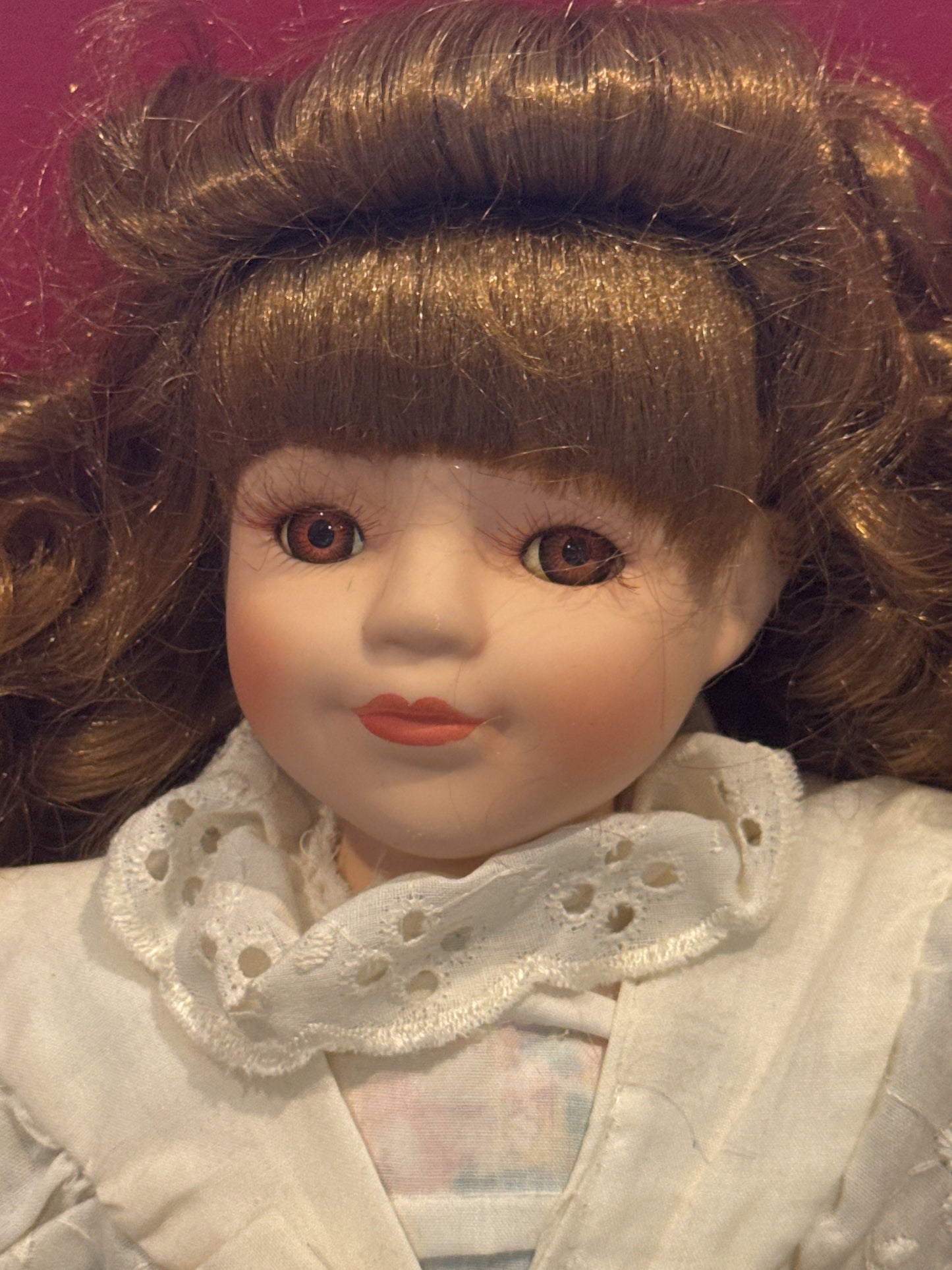 Porcelain Collectible Doll 1990s Brown Curly Hair Floral Print Dress 17" Tall