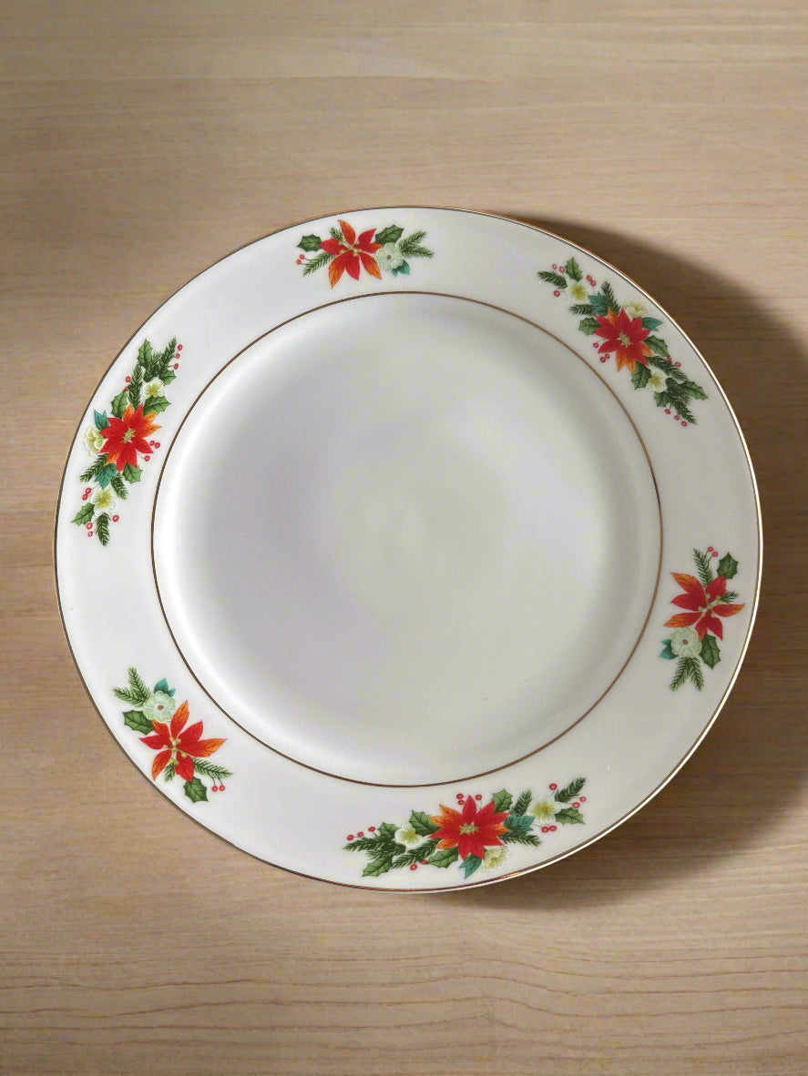 Royal Norfolk 10" Dinner Plate Christmas Poinsettia Design With Gold Inner Trim