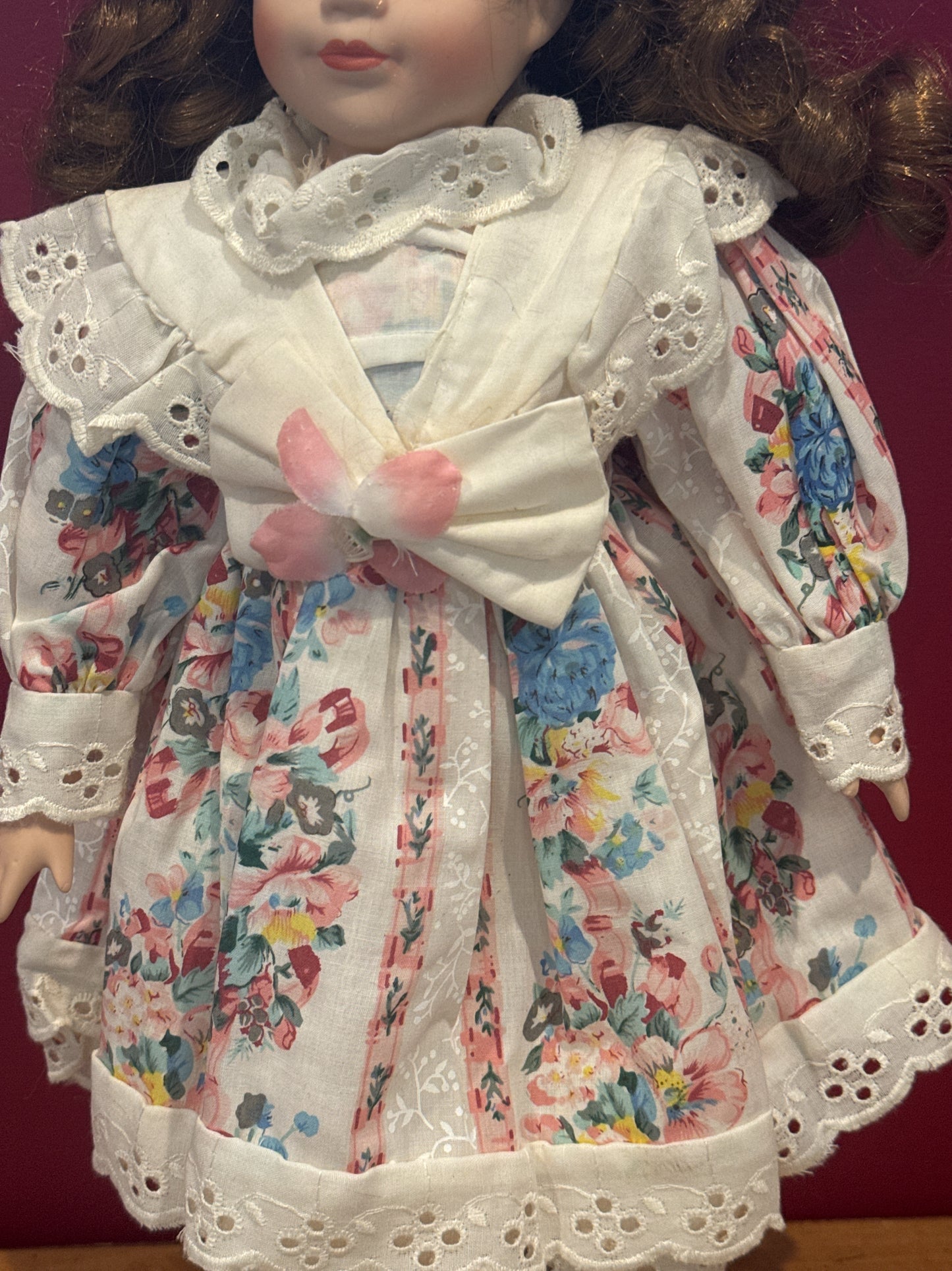 Porcelain Collectible Doll 1990s Brown Curly Hair Floral Print Dress 17" Tall