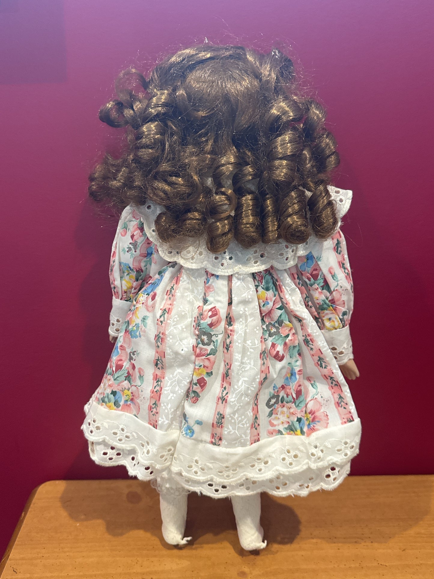 Porcelain Collectible Doll 1990s Brown Curly Hair Floral Print Dress 17" Tall