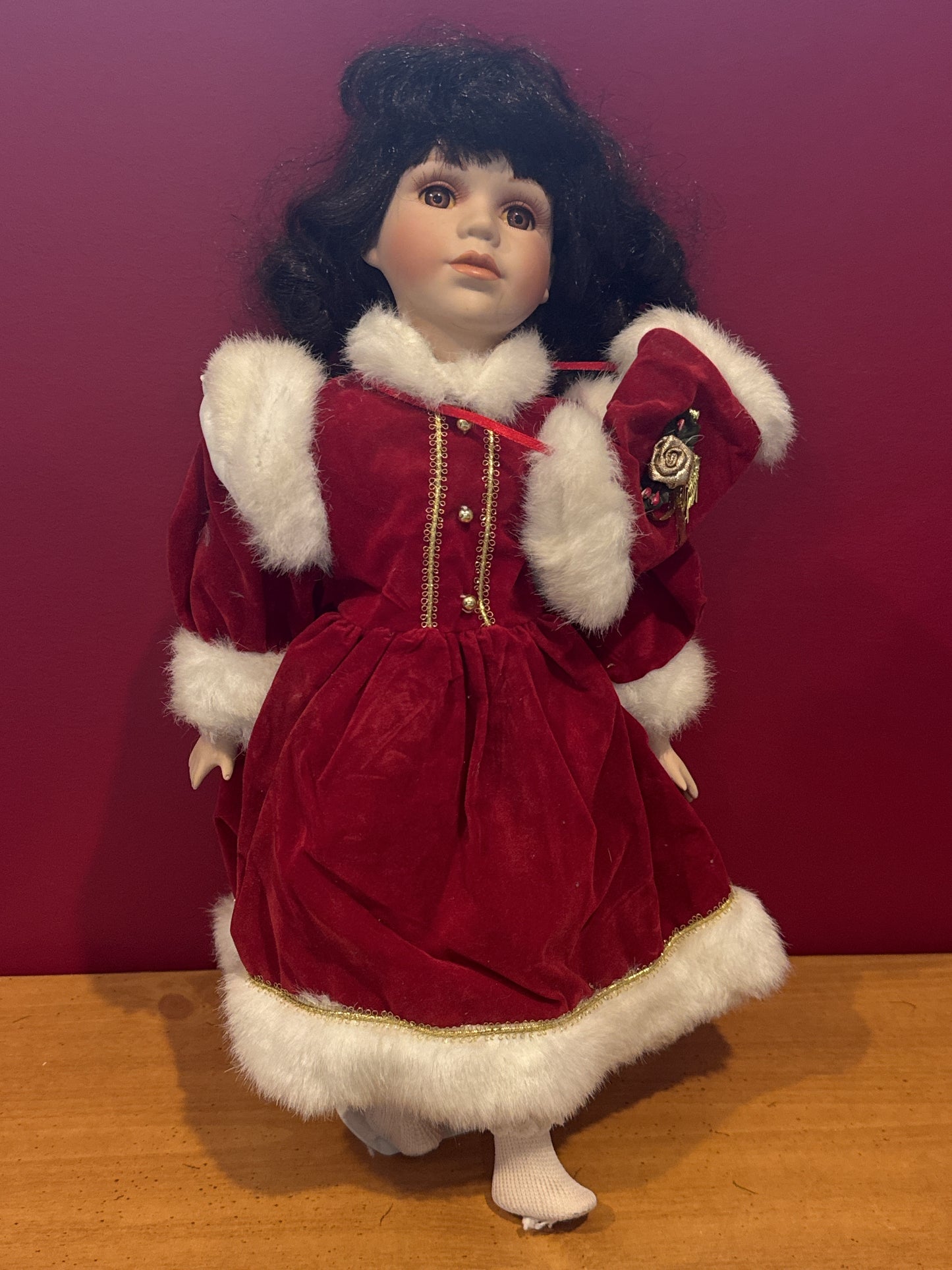 Porcelain Collectible Doll Red Satin Dress w/ Hat & Metal Stand No Shoes Black Hair