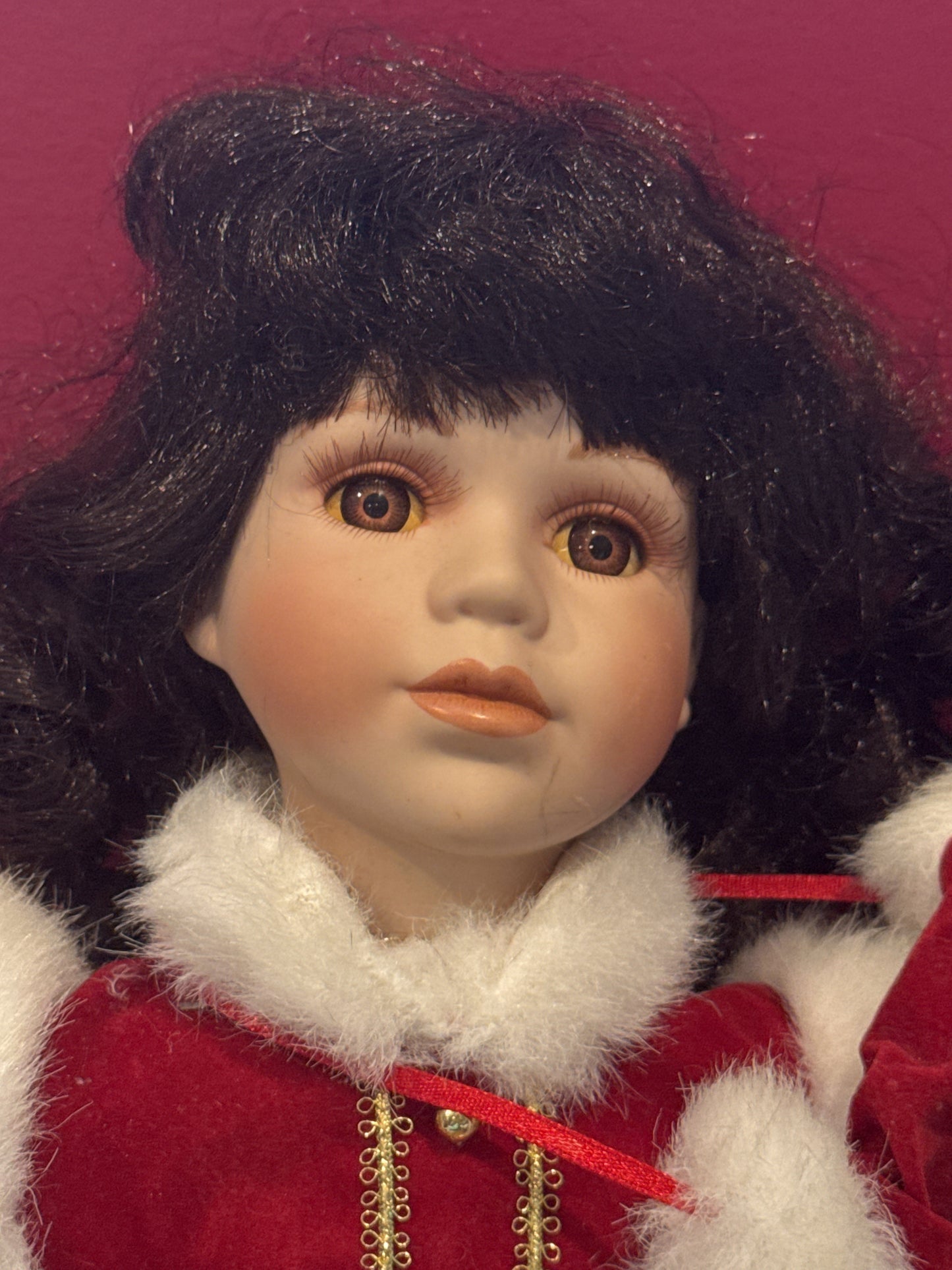 Porcelain Collectible Doll Red Satin Dress w/ Hat & Metal Stand No Shoes Black Hair