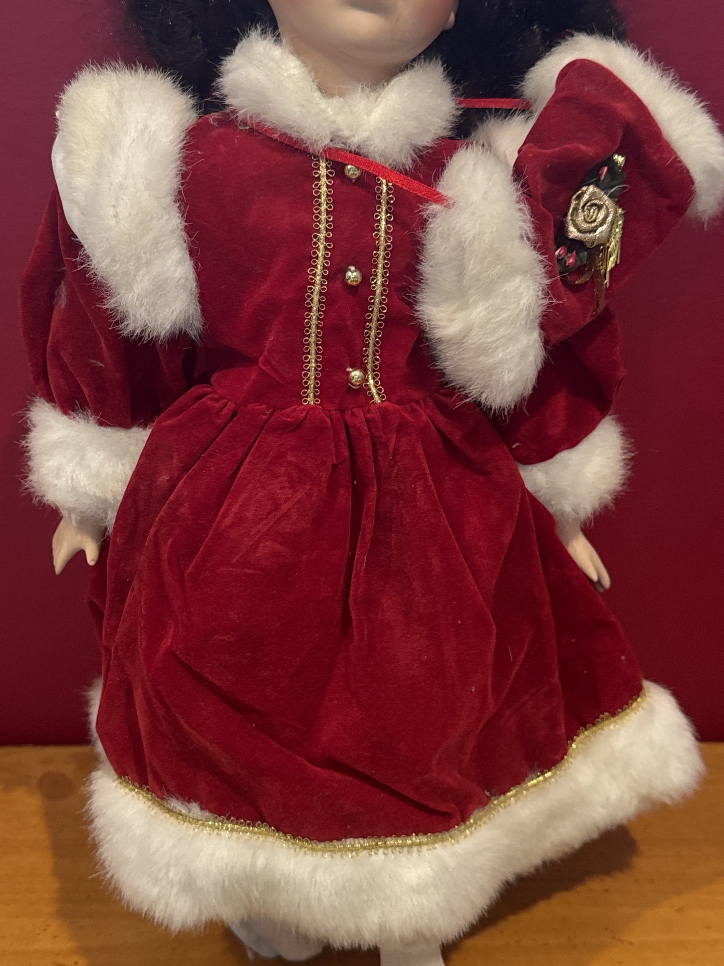 Porcelain Collectible Doll Red Satin Dress w/ Hat & Metal Stand No Shoes Black Hair