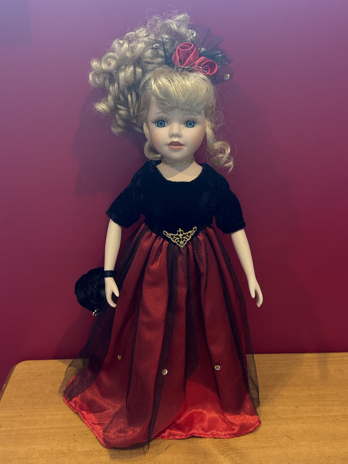 Porcelain Collectible Doll Red and Black Dress Blonde Hair Fancy Dress 17" Tall