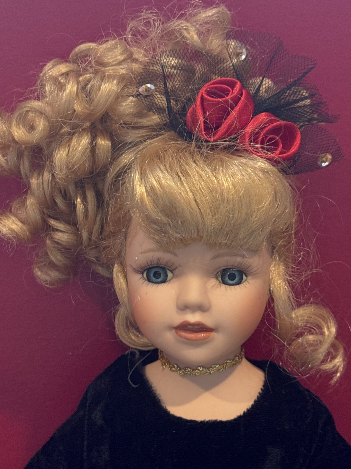 Porcelain Collectible Doll Red and Black Dress Blonde Hair Fancy Dress 17" Tall