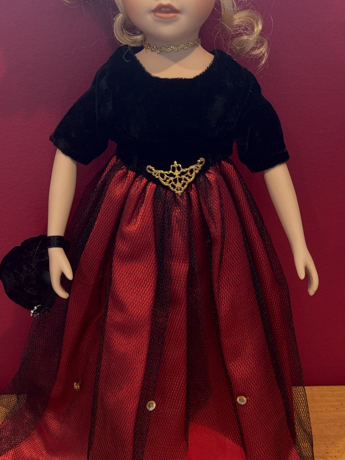 Porcelain Collectible Doll Red and Black Dress Blonde Hair Fancy Dress 17" Tall