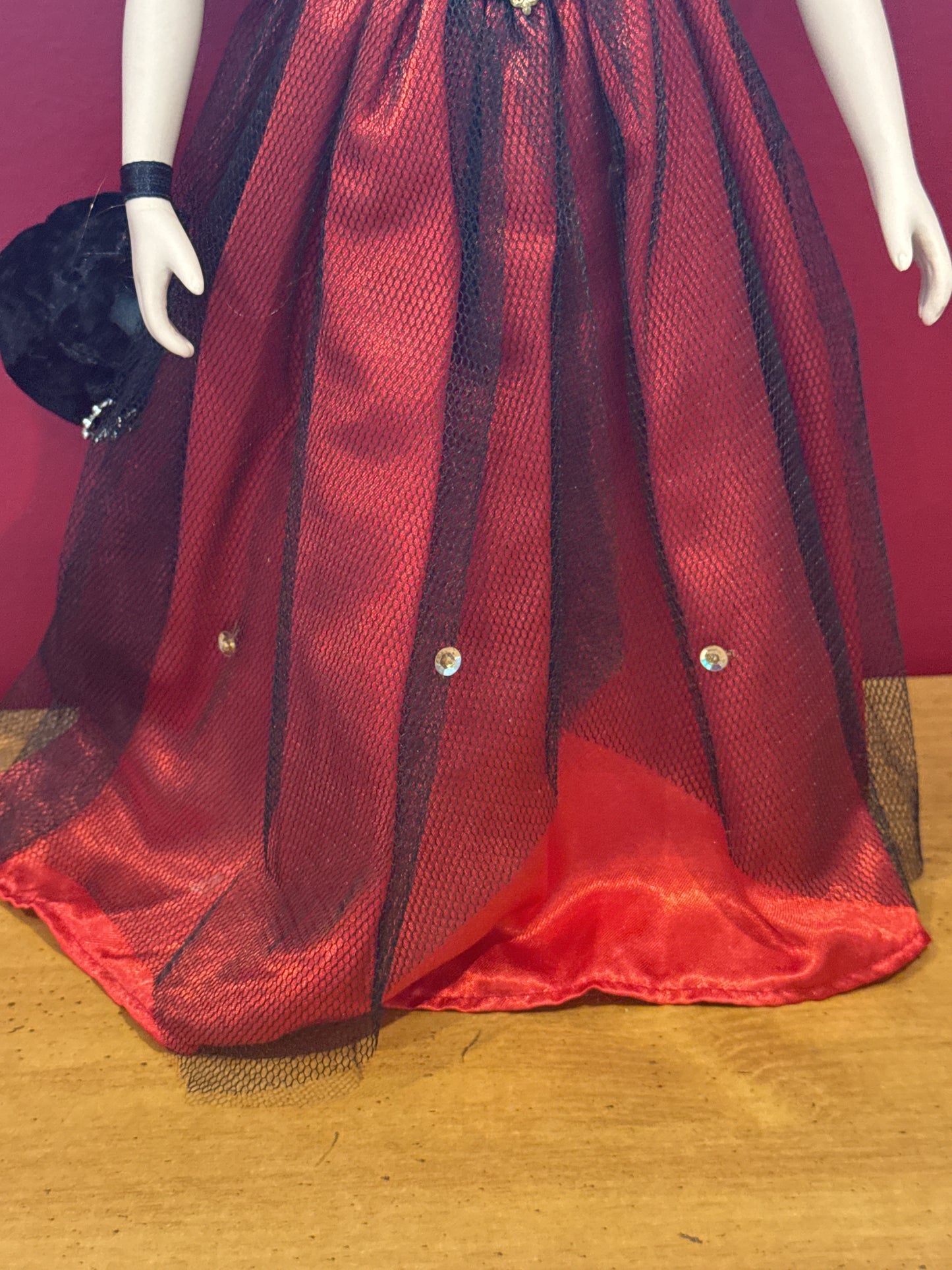 Porcelain Collectible Doll Red and Black Dress Blonde Hair Fancy Dress 17" Tall
