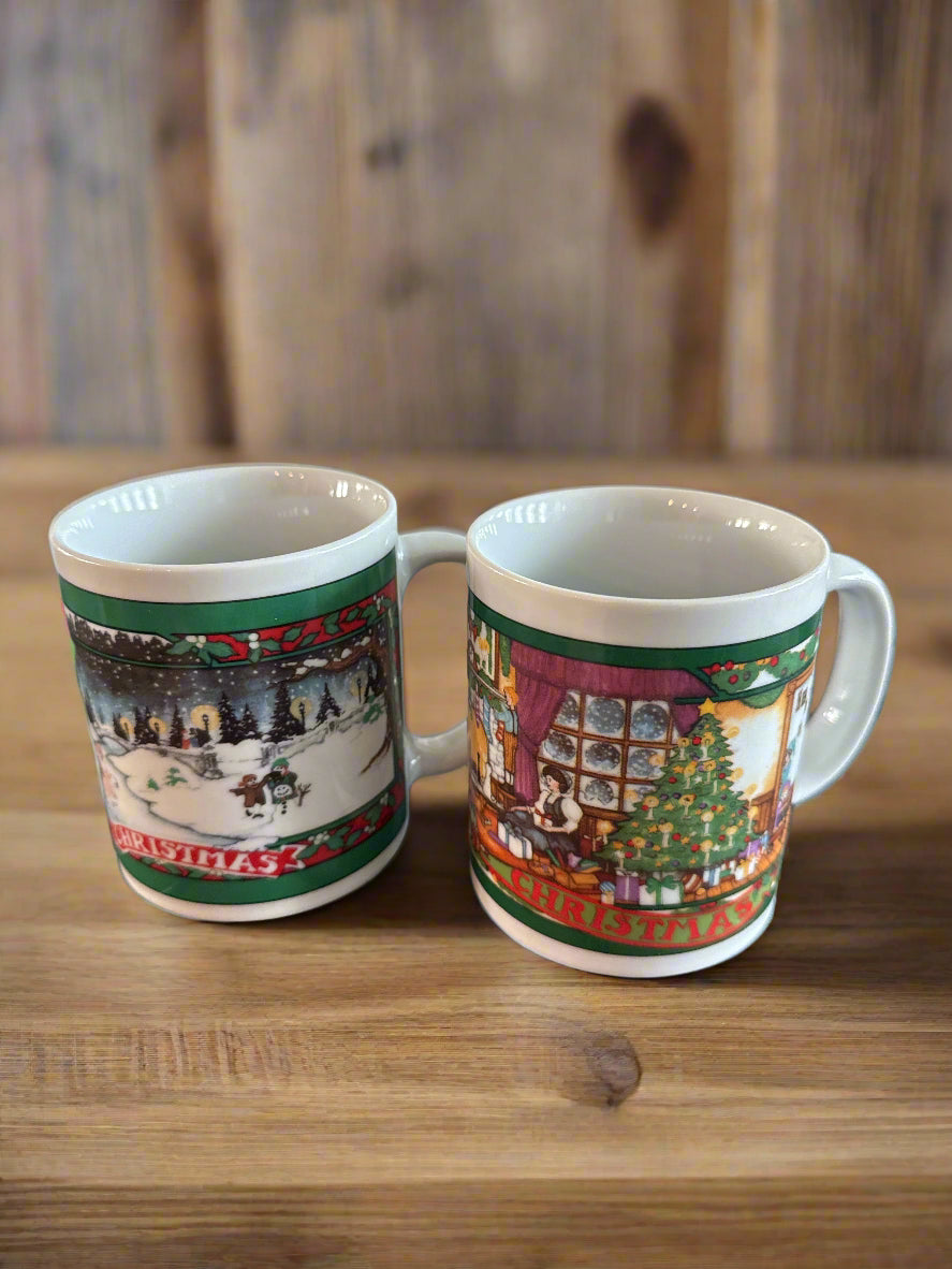 Pair of Vintage Coffee Cups Mugs Christmas Season Greetings 1994 Collection Set