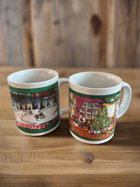 Pair of Vintage Coffee Cups Mugs Christmas Season Greetings 1994 Collection Set