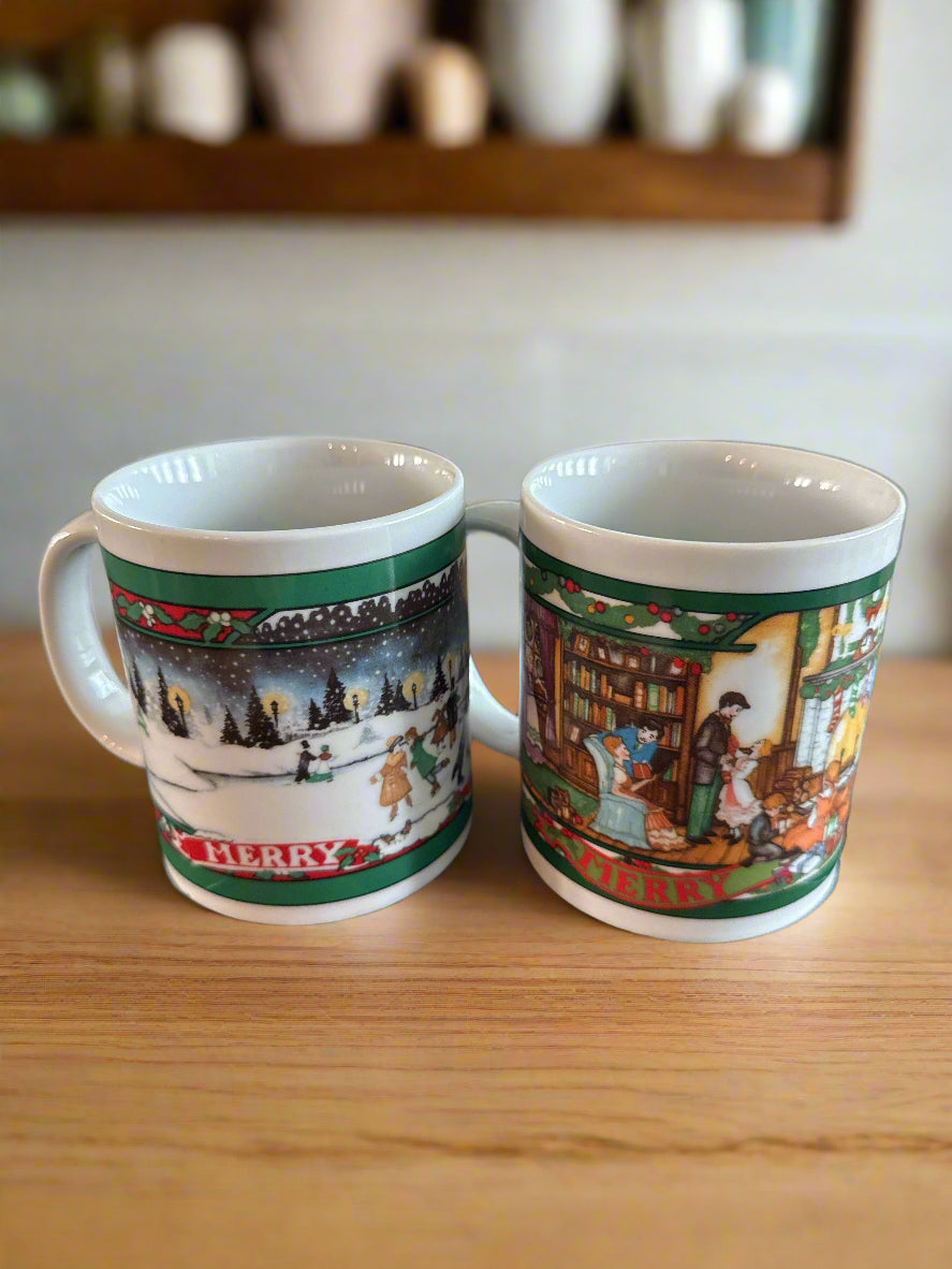 Pair of Vintage Coffee Cups Mugs Christmas Season Greetings 1994 Collection Set