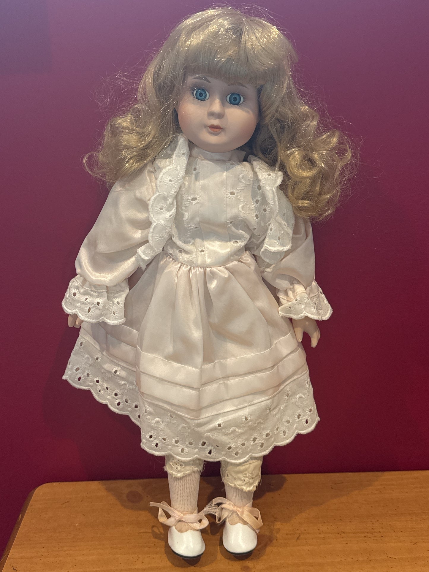 Porcelain Collectible Doll White Dress Curly Blonde Hair Blue Eyes 17" Tall