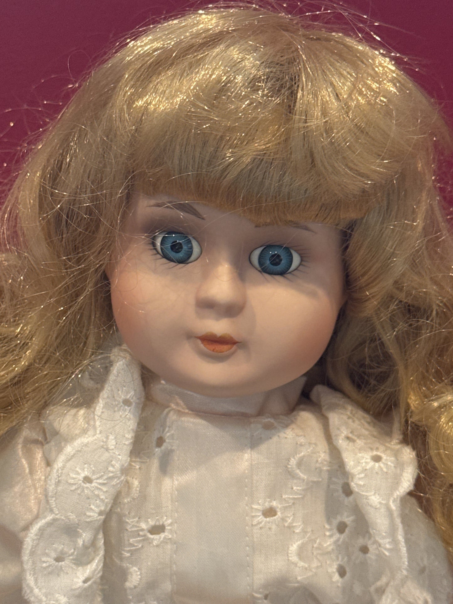 Porcelain Collectible Doll White Dress Curly Blonde Hair Blue Eyes 17" Tall