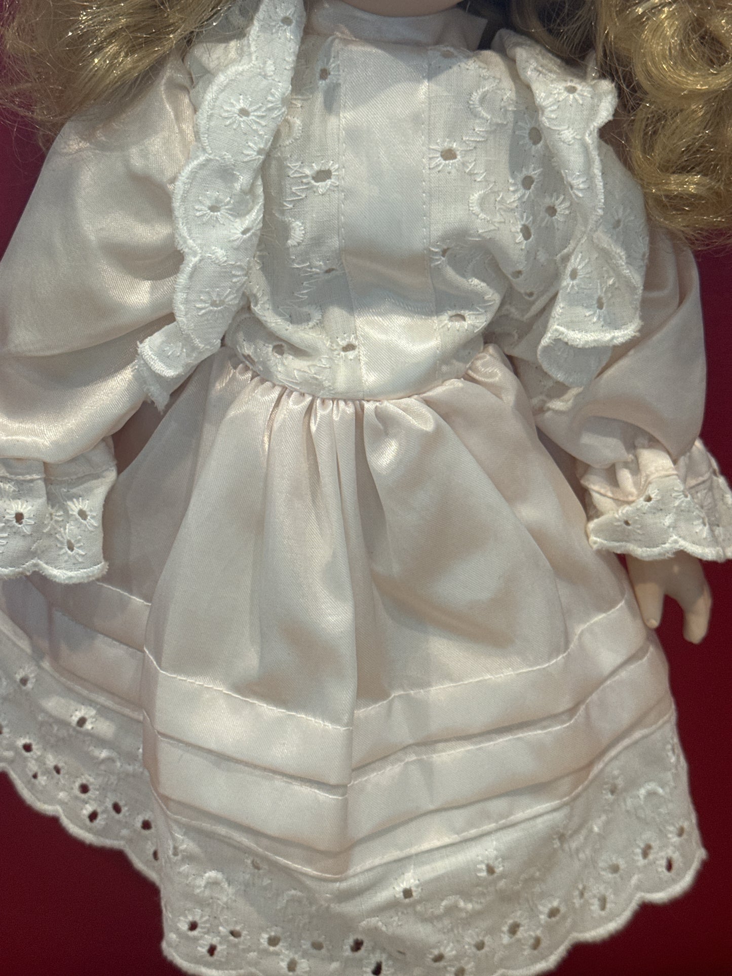 Porcelain Collectible Doll White Dress Curly Blonde Hair Blue Eyes 17" Tall