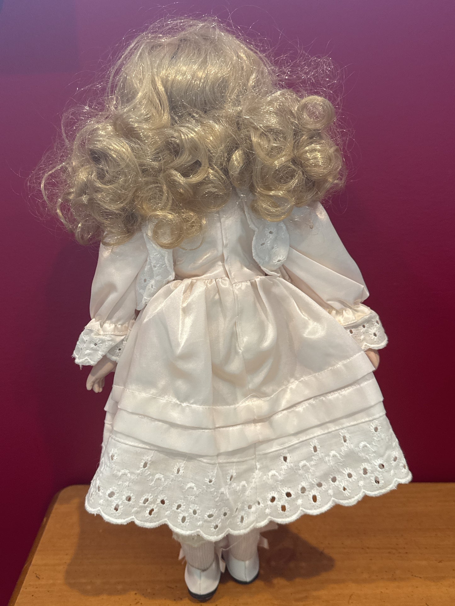 Porcelain Collectible Doll White Dress Curly Blonde Hair Blue Eyes 17" Tall