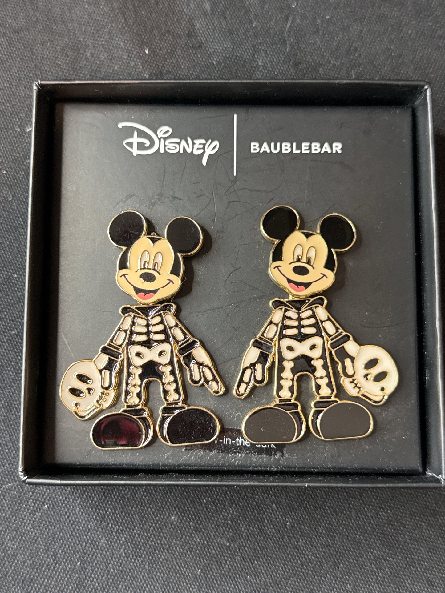 Disney Baublebar Mickey Mouse Halloween Skeleton Glow in Dark Earrings New in Box