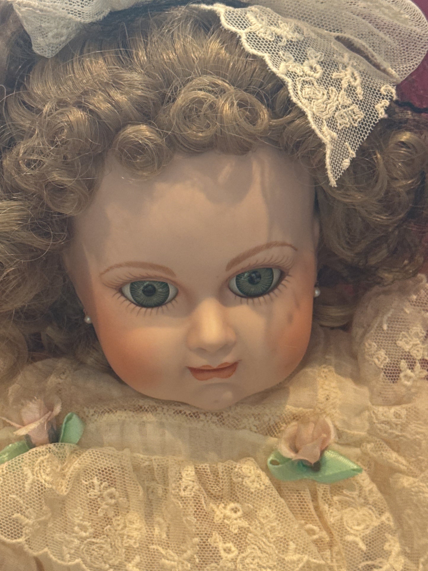 Franklin Mint Heirloom Doll Porcelain Collectible Blonde Hair Green Eyes 20" Tall Peach Dress