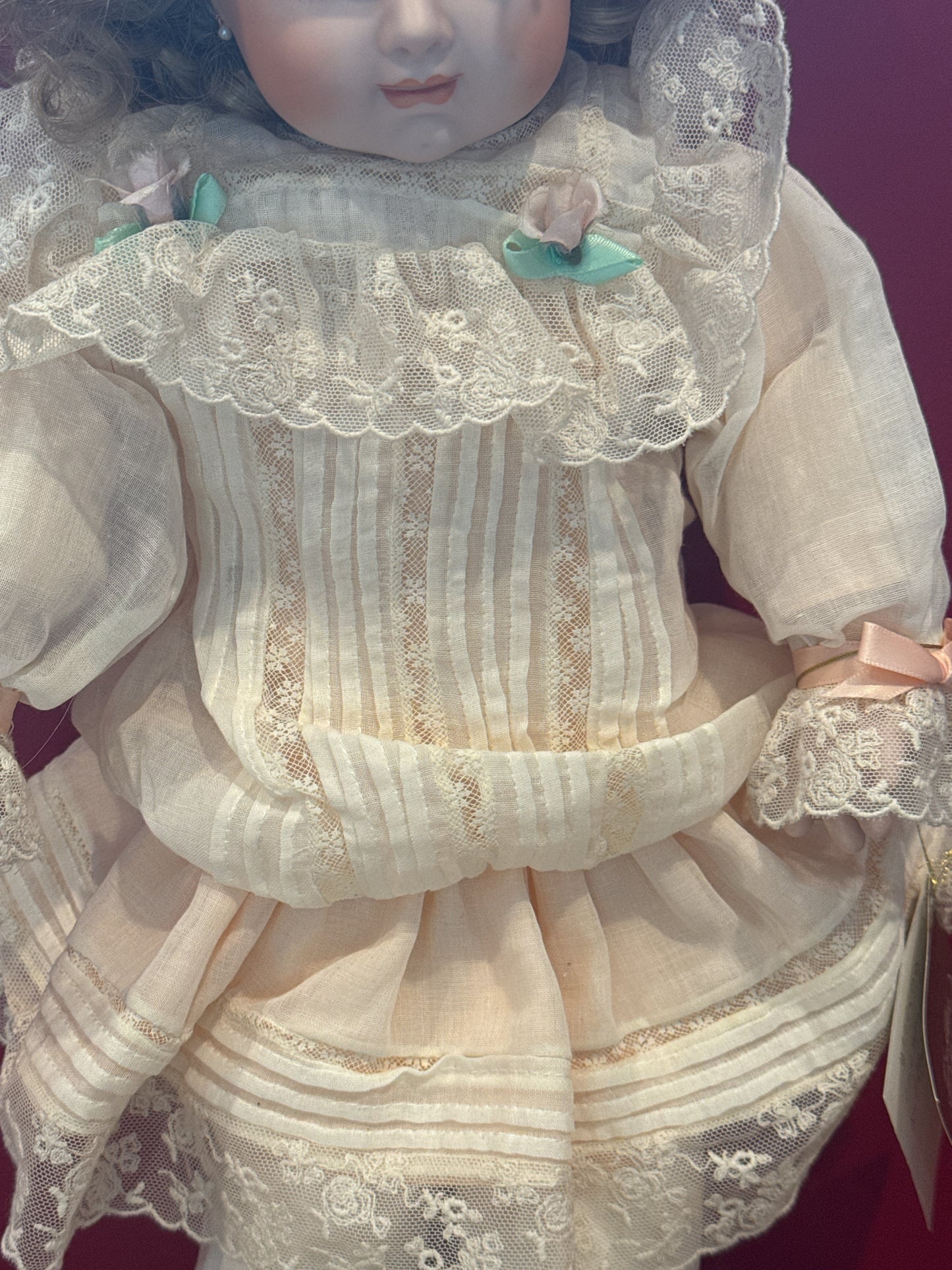 Franklin Mint Heirloom Doll Porcelain Collectible Blonde Hair Green Eyes 20" Tall Peach Dress