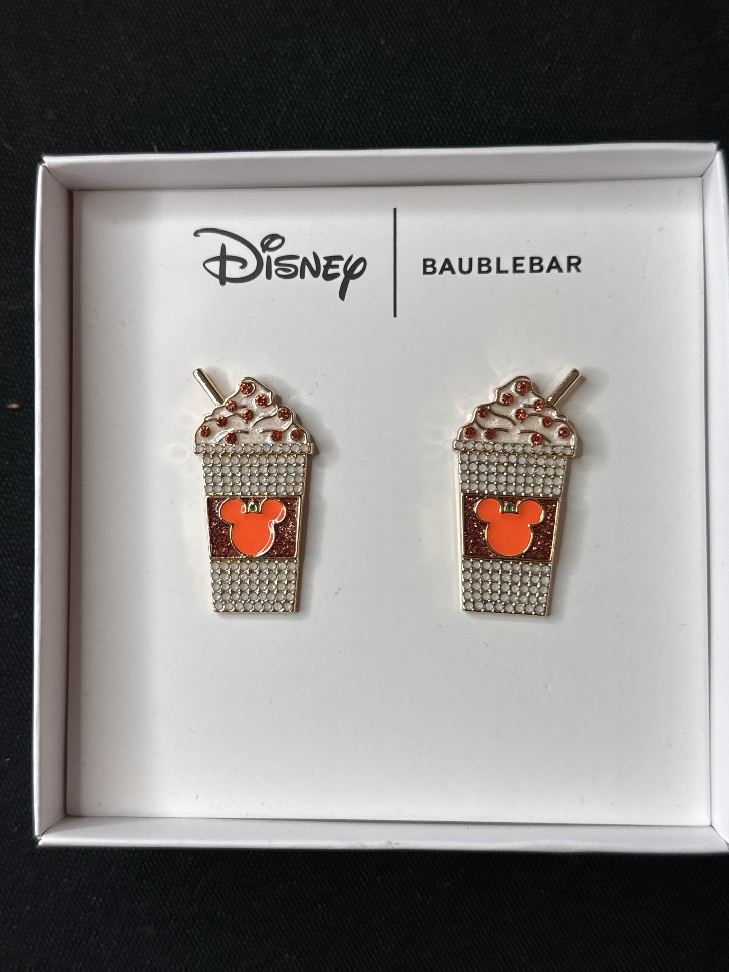 Disney Baublebar Rhinestone Pumpkin Spice Coffee Mickey Ears Post Earrings New in Box