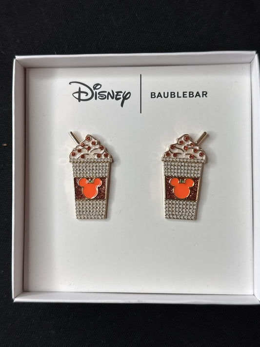 Disney Baublebar Rhinestone Pumpkin Spice Coffee Mickey Ears Post Earrings New in Box