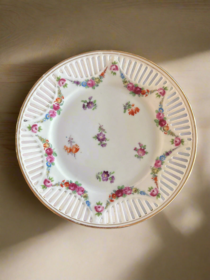 Vintage Eleanor Bavaria Reticulated Bowl 7.5" Wide Tiny Cabbage Roses Floral Swag