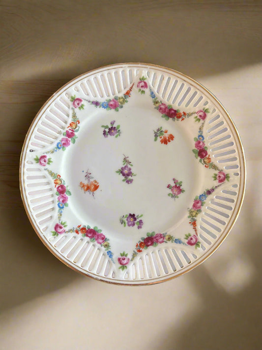 Vintage Eleanor Bavaria Reticulated Bowl 7.5" Wide Tiny Cabbage Roses Floral Swag