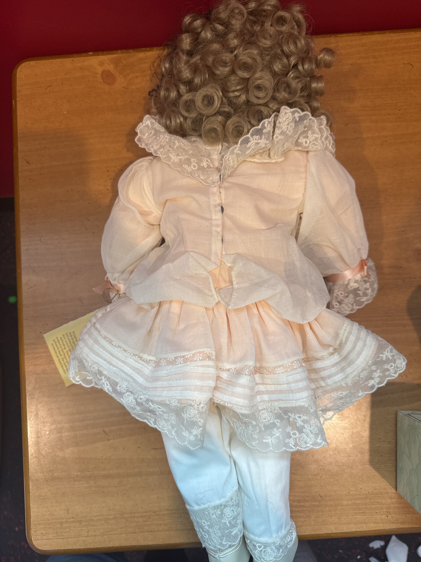 Franklin Mint Heirloom Doll Porcelain Collectible Blonde Hair Green Eyes 20" Tall Peach Dress