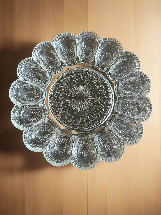 LE Smith Vintage Glass Deviled Egg Plate Clear Cut Glass Round 11" Wide