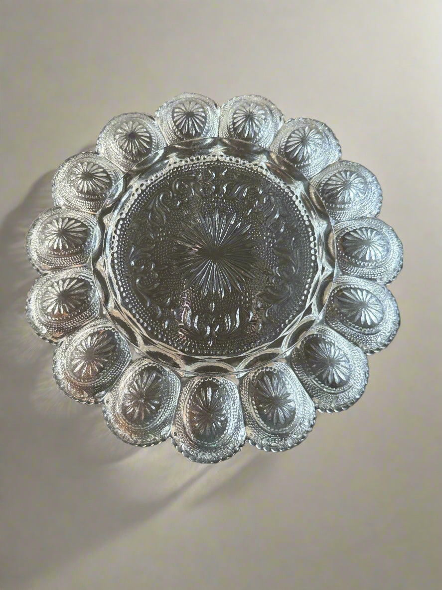 LE Smith Vintage Glass Deviled Egg Plate Clear Cut Glass Round 11" Wide