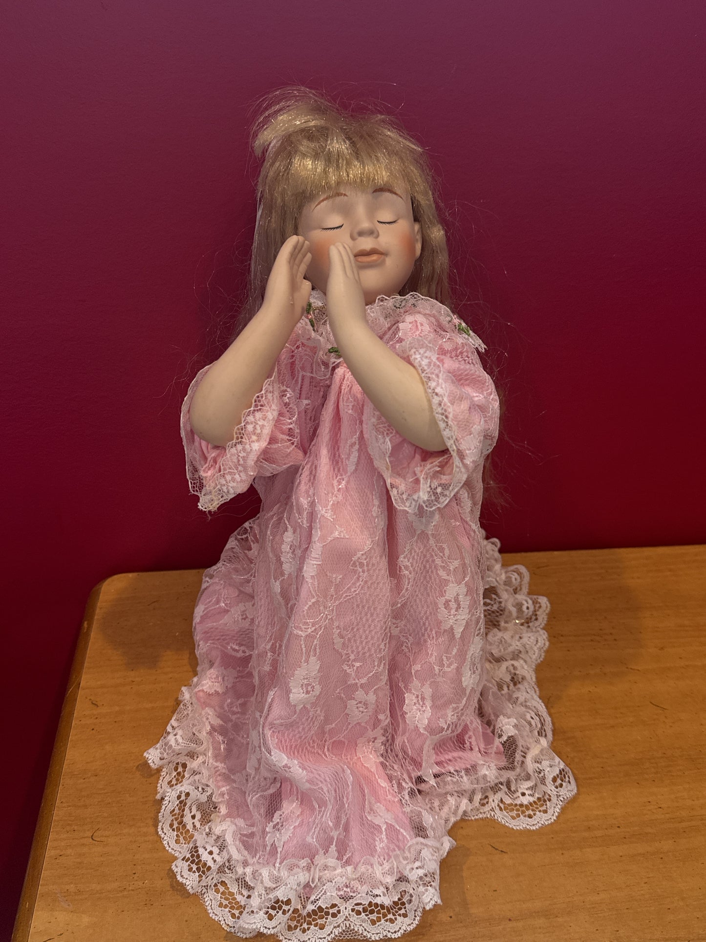 Bisque Prayer Doll 12" Tall Blonde Hair Closed Eyes Pink Dress w/ Faux Gold Necklace Cross